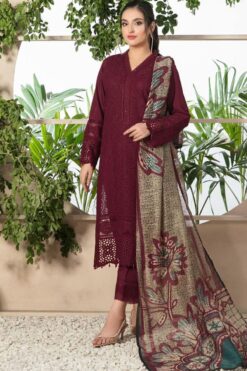 Chikenkari D-762 Mehroon Dhanak Embroidered 3pc