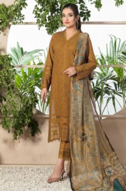 Chikenkari D-762 Mustard lawn Embroidered 3pc