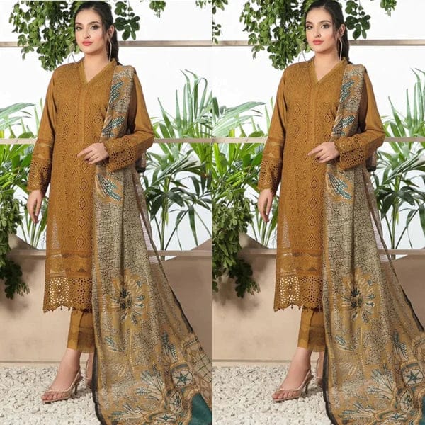 Chikenkari D-762 Musturd Dhanak Embroidered 3pc - Image 2