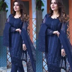 Design D-11 blue embroidered organza 3 piece unstitched suit